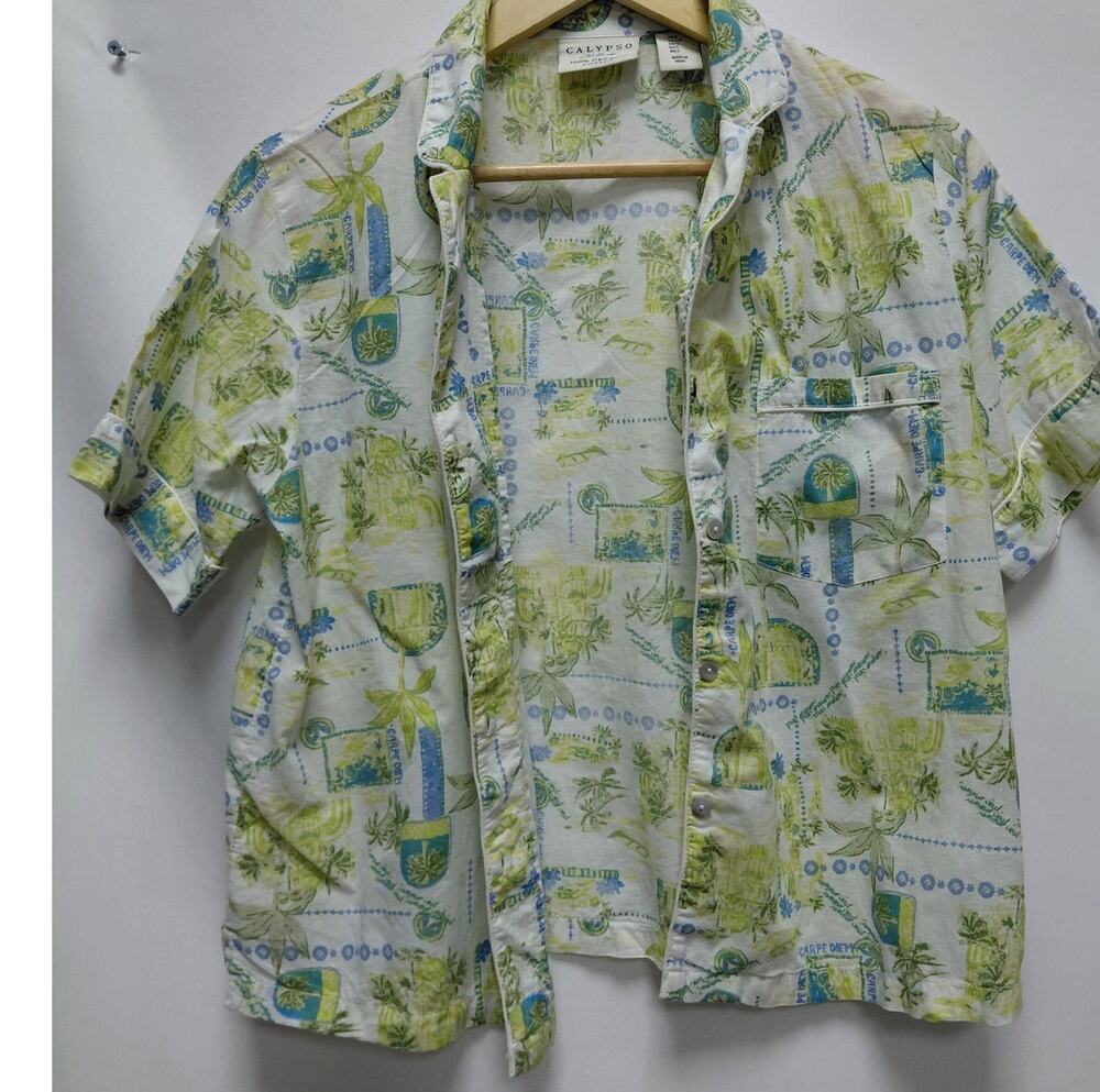 Calypso 100% Organic Cotton Shirt Green Graphic Print Short Sleeve Size S